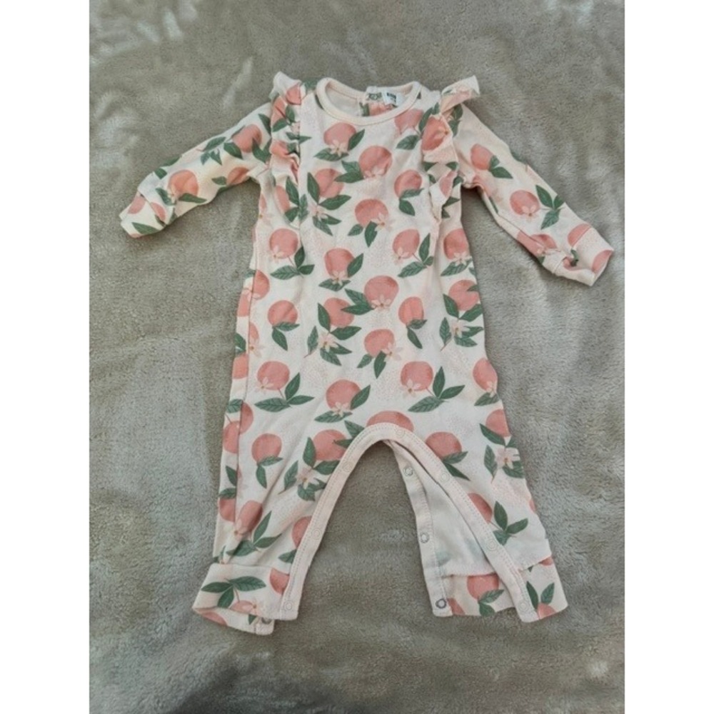 Rabbit Bear Emily + Oliver Baby Girls Peach Print Ruffle Long Sleeve Romper 3-6M